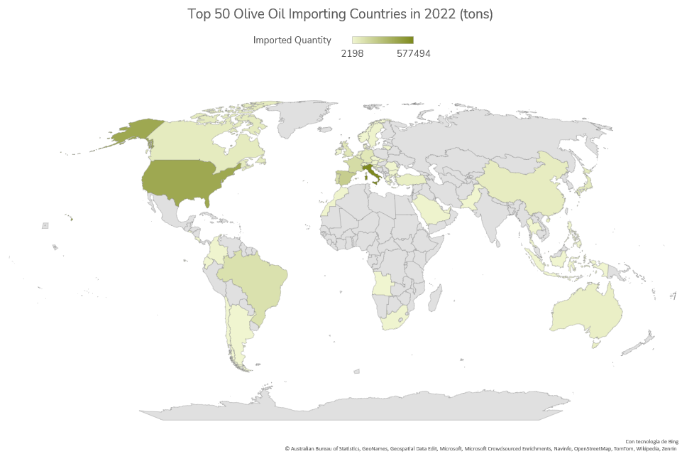 Map showing the top 50 olive oil importing countries in 2022 in tons